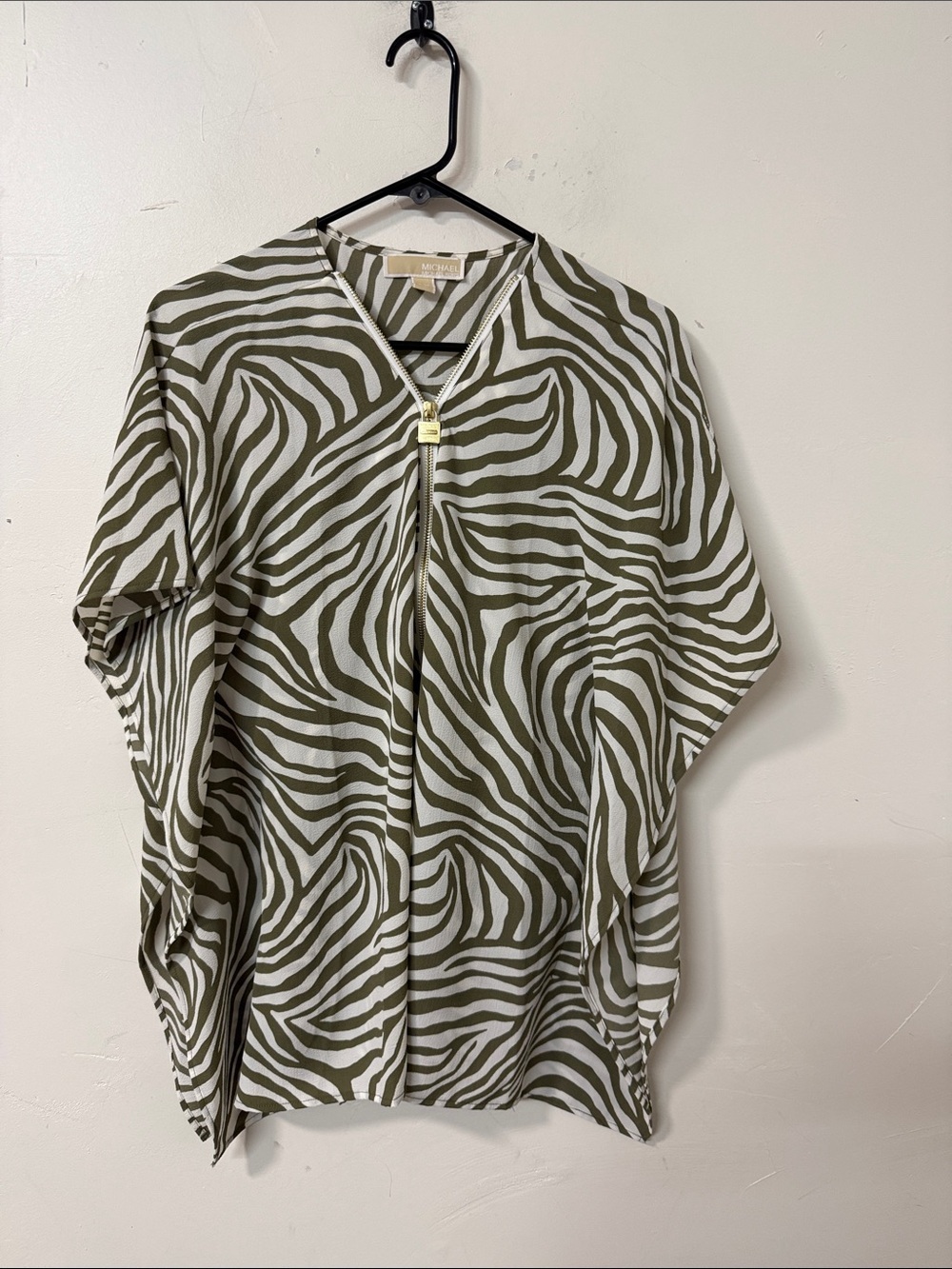 Michael Kors Olive and White Zebra-Print V-Neck Zip-Front Blouse